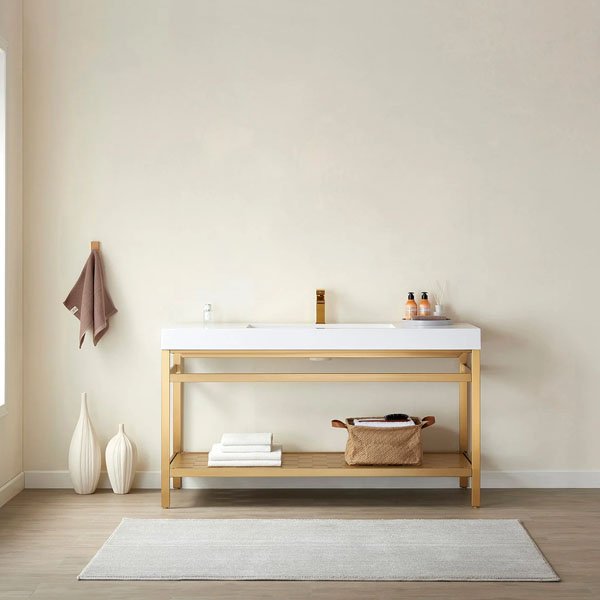 Metal Support and White One-Piece Composite Stone Sink Top - 60" without mirror	Brushed Gold